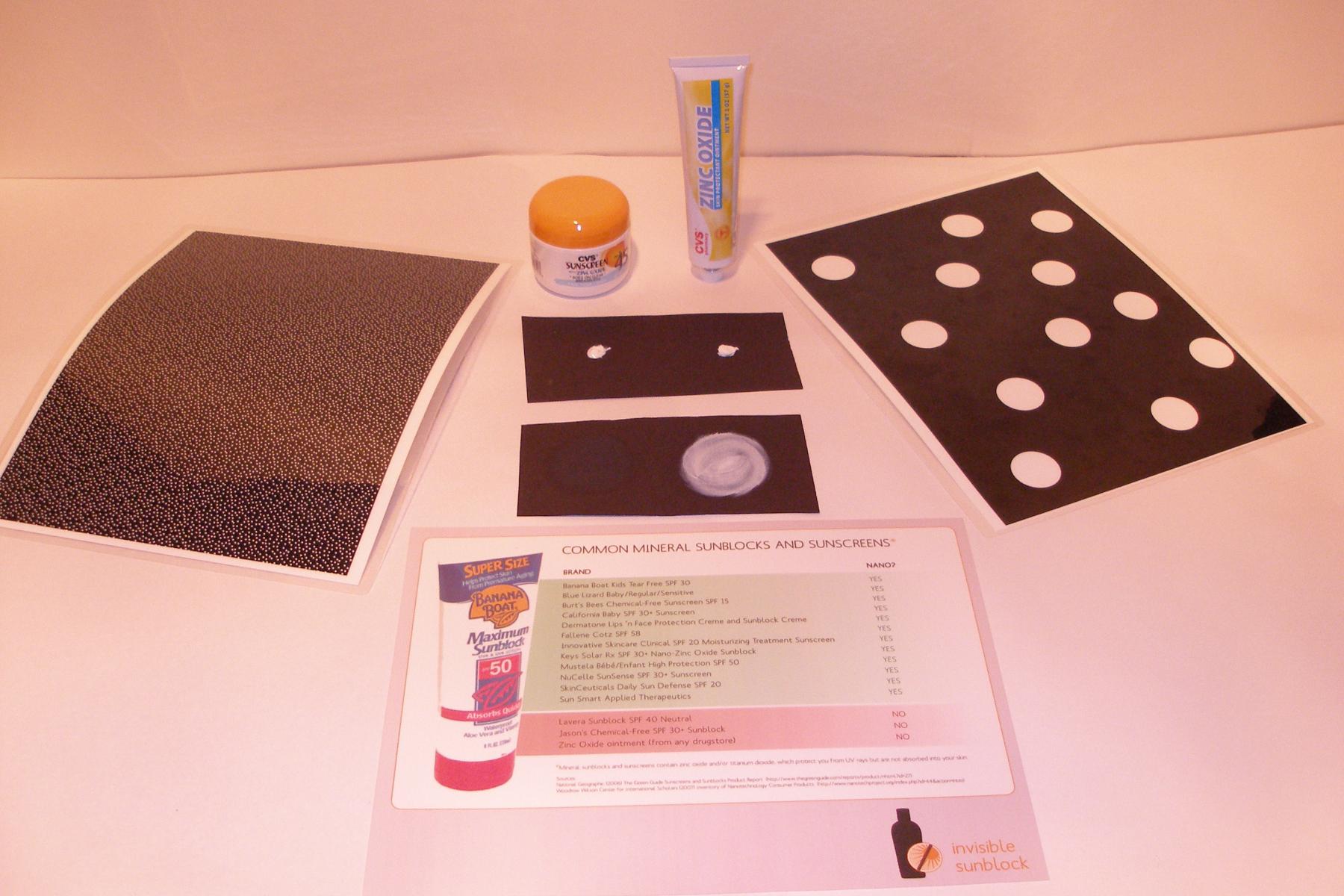 Components in NanoDays sunblock activity including sunscreen and black paper.