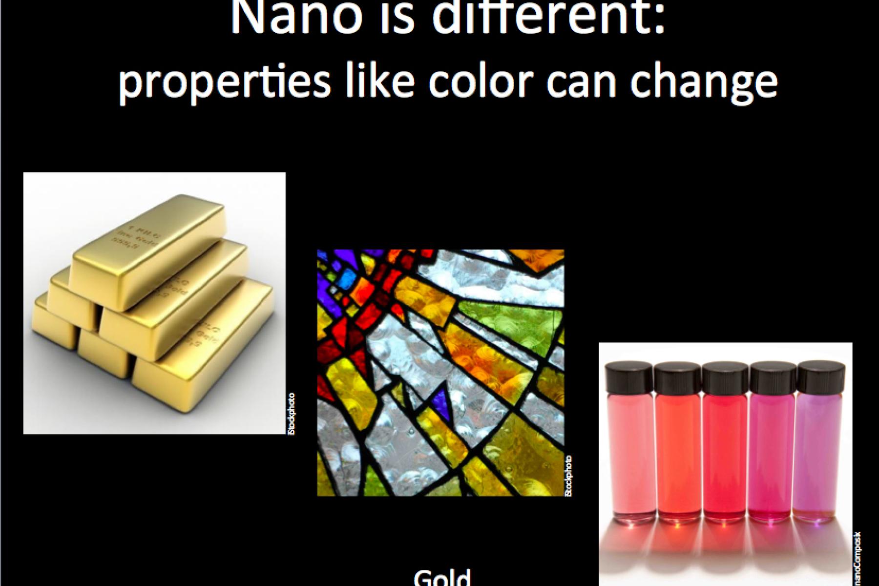 Nano is different slide showing gold, nano gold, and stained glass