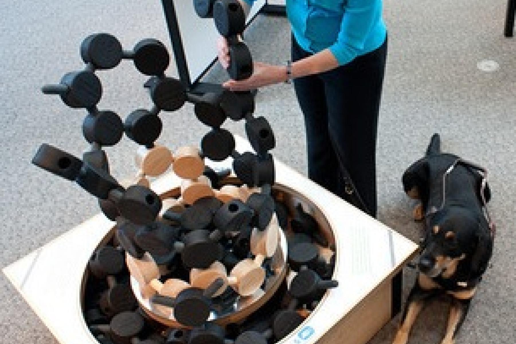 Adult visitor engaging with Carbon Nano-Tube puzzle exhibit component