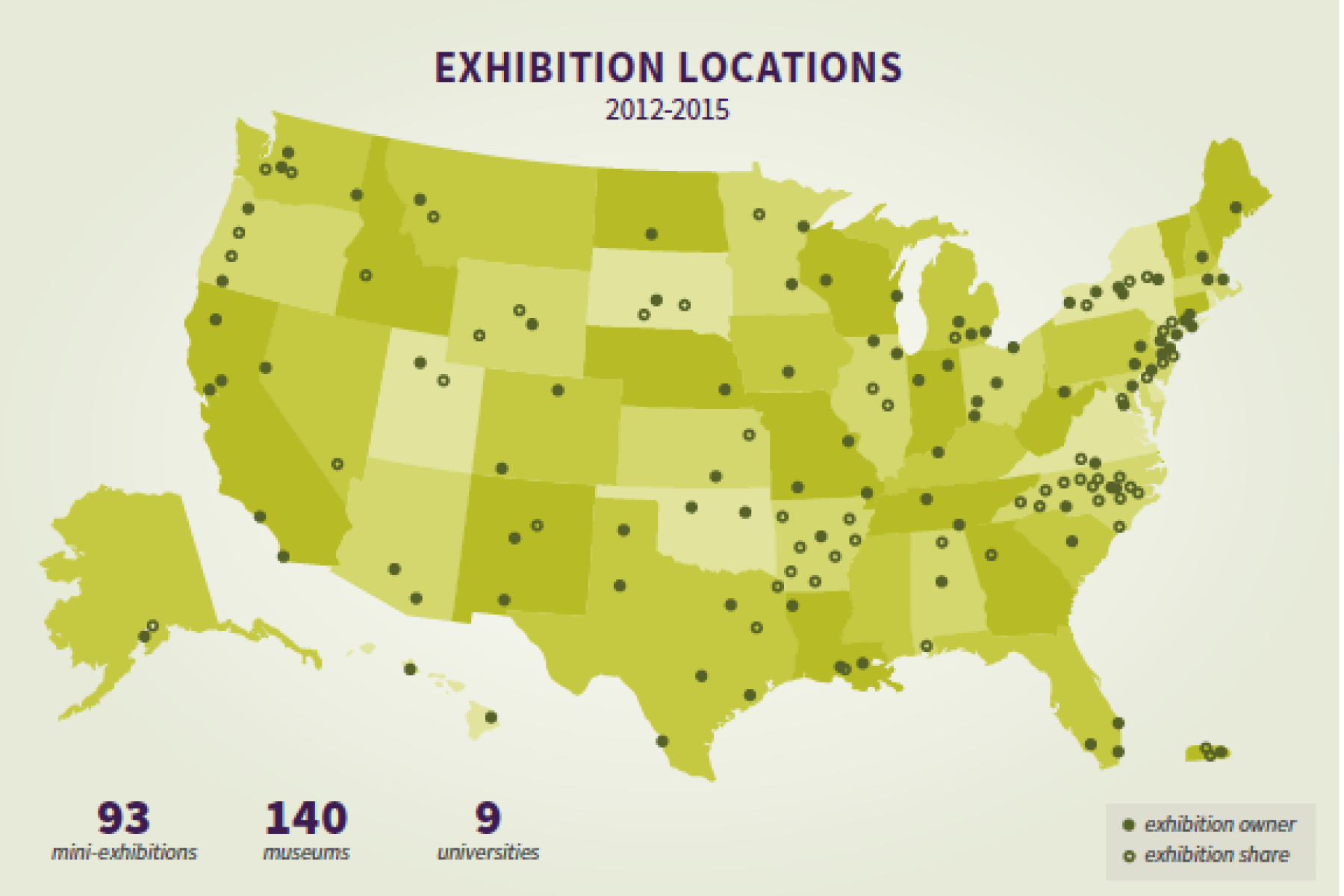 Map of the US with dots at locations who host the Nano Mini-Exhibition.